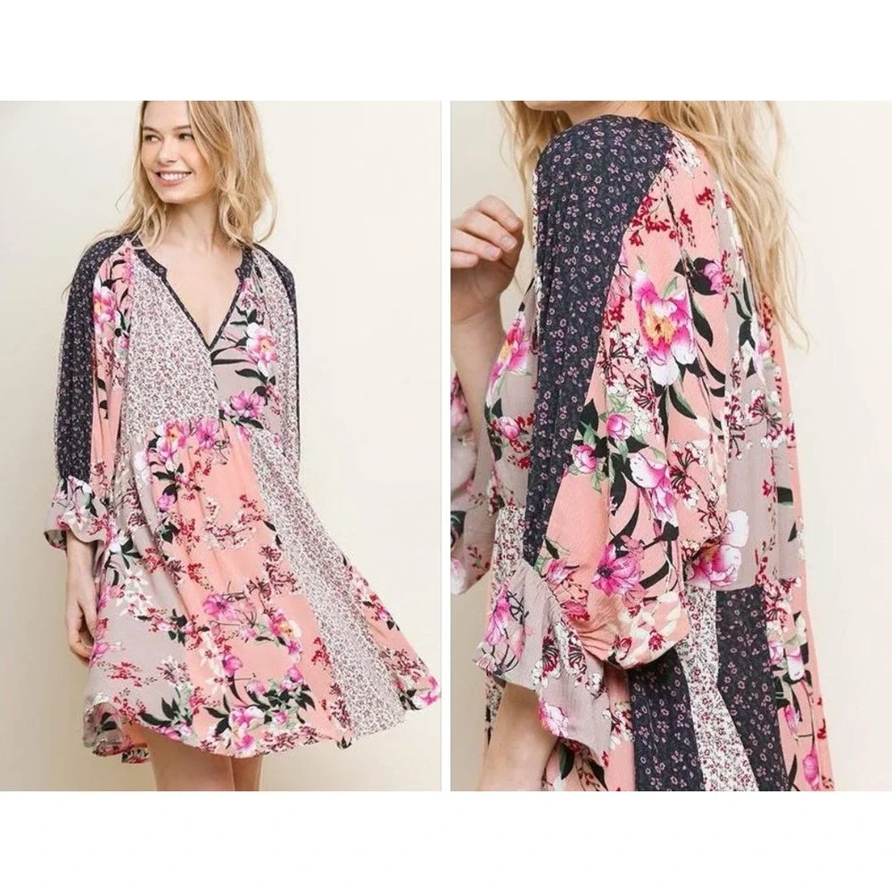 Umgee ruffle pink floral boho mini‎ dress patchwork V-neck puff sleeve Sz S